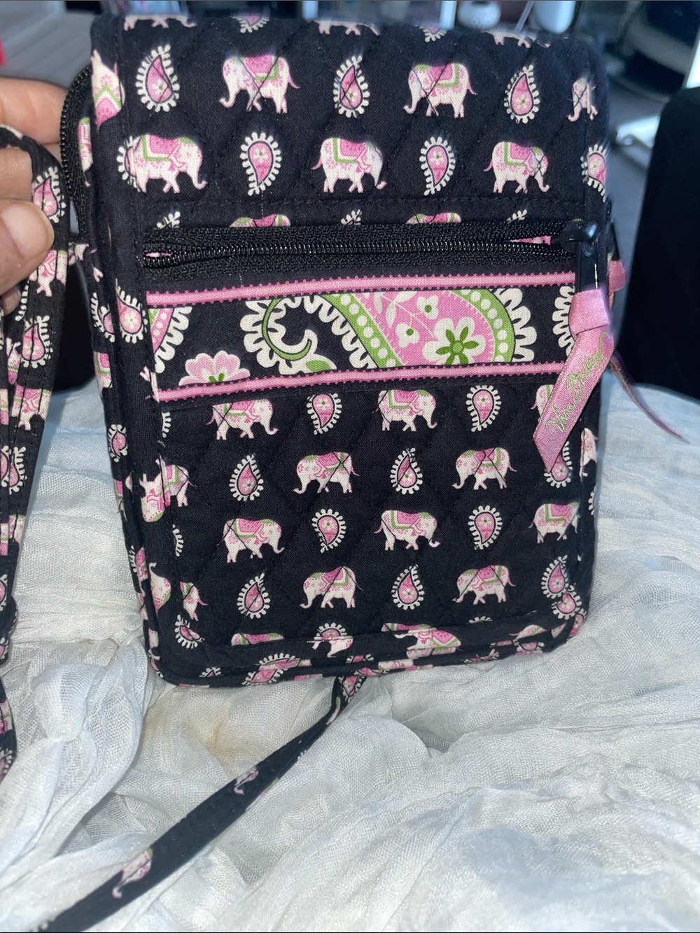 Vera Bradley Black Crossbody with Pink Elephant & Paisley Print